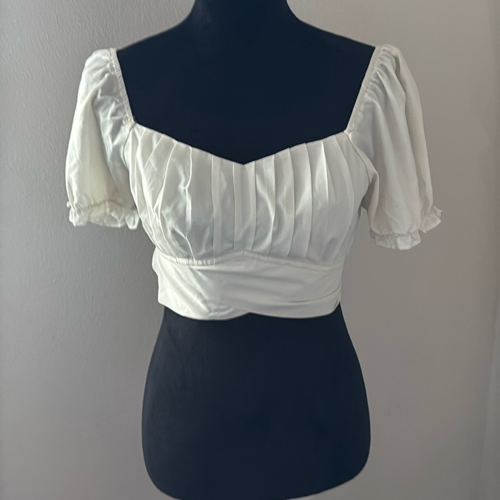 Shasa ivory bubble puff short sleeves cropped peasant top blouse Sz‎ S